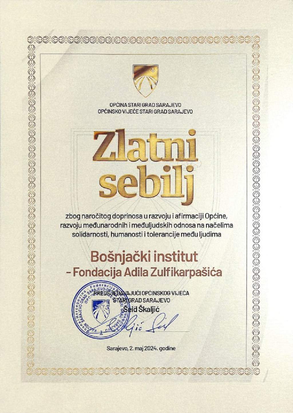 Zlatni sebilj.jpg - Bošnjački institut – Fondacija Adila Zulfikarpašića dobitnik priznanja Zlatni sebilj Općine Stari Grad Sarajevo